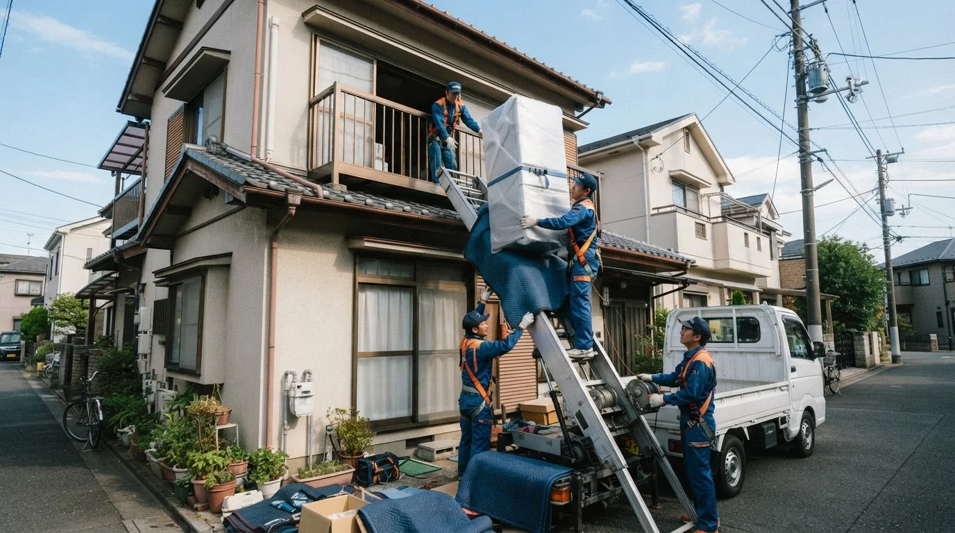 住宅の外壁に沿って設置した搬入機材で家具を運ぶ全景