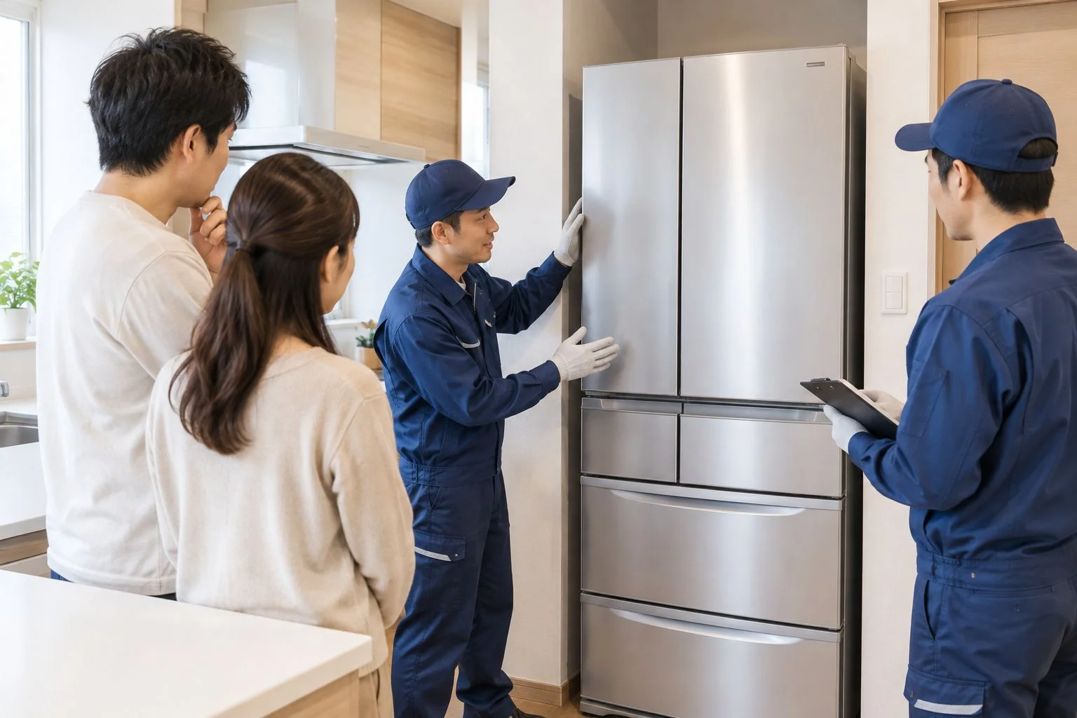 キッチンで作業員が冷蔵庫の設置位置を確認し、ご夫婦が立ち会っている様子